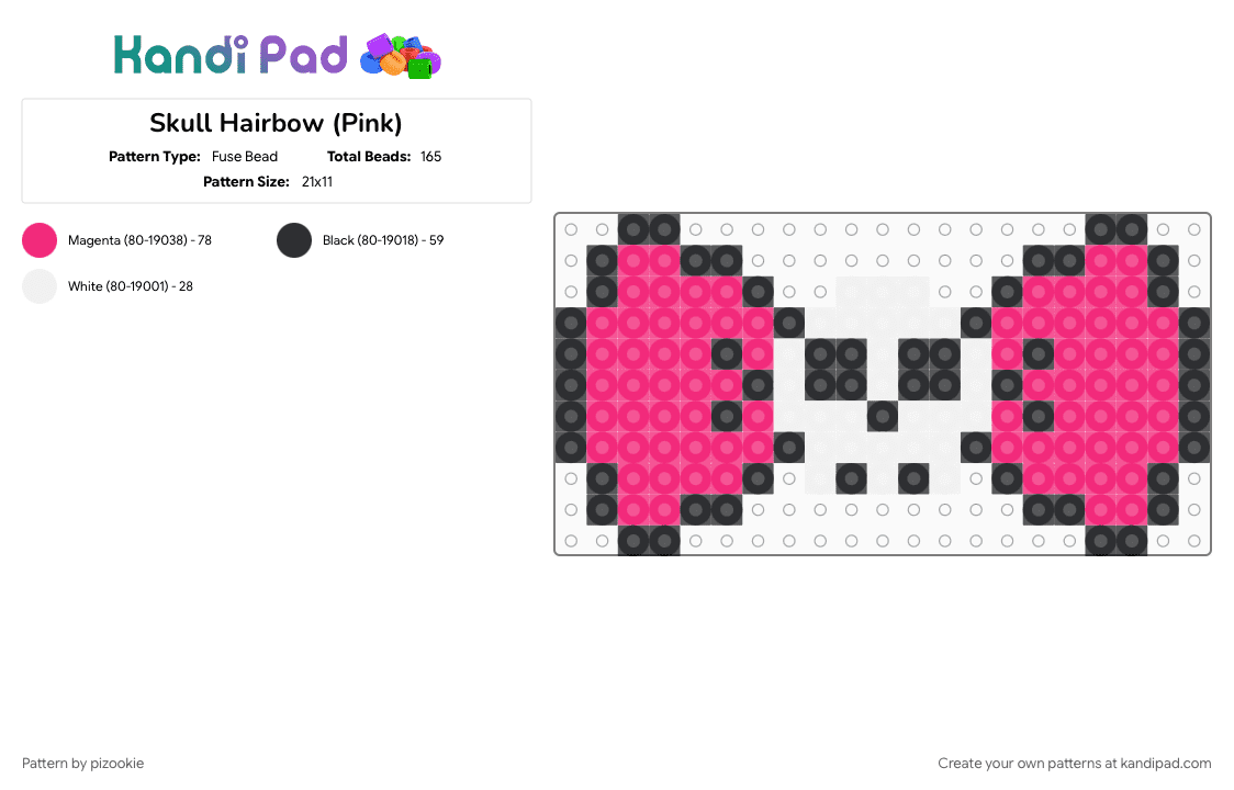 Skull Hairbow (Pink) - Fuse Bead Pattern by pizookie on Kandi Pad - alt, cotdscenekidfashion, emo, hairclip, pink, scene, scene kid, scenecore, spooky, white