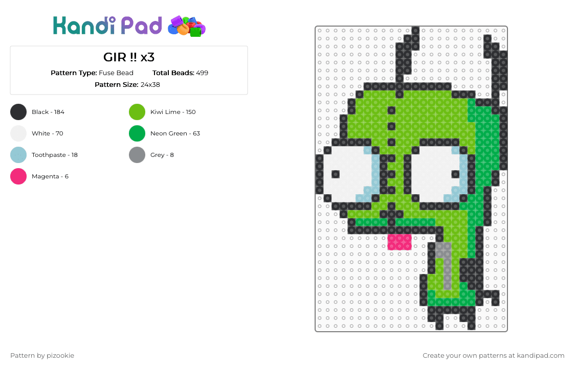 GIR !! x3 - Fuse Bead Pattern by pizookie on Kandi Pad - green,gir,invader zim,jhonen vasquez,scene,scenecore,scene kid,emo,2000s