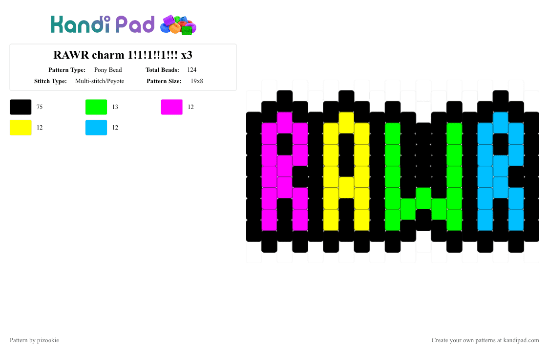 RAWR charm 1!1!1!!1!!! x3 - Pony Bead Pattern by pizookie on Kandi Pad - black,yellow,light blue,colorful,neon,rainbow,peyote stitch,scenecore,scene,scene kid,emo