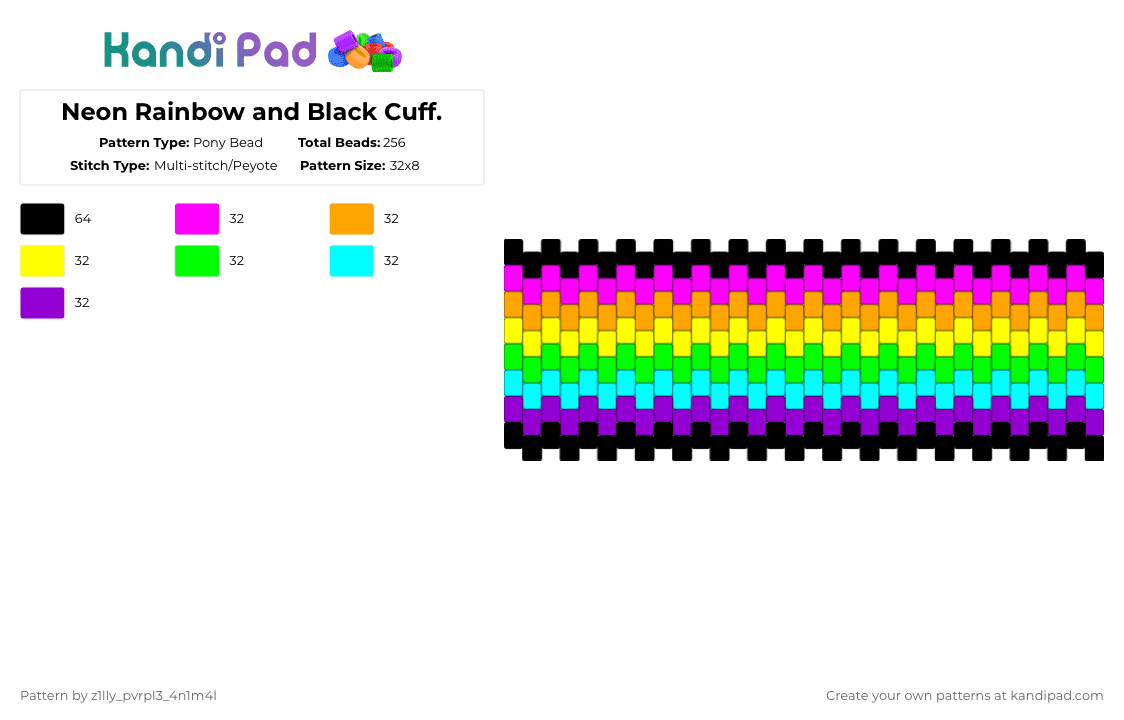 Neon Rainbow and Black Cuff. - Pony Bead Pattern by pizookie on Kandi Pad - orange,green,purple,colorful,cotdneon,neon,rainbow,black,scene,scenecore,scenemo,scene kid