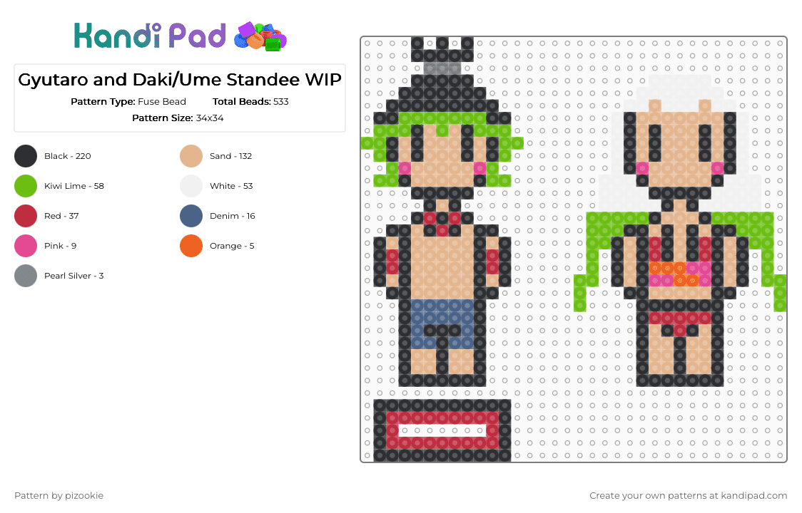 Gyutaro and Daki/Ume Standee WIP - Fuse Bead Pattern by pizookie on Kandi Pad - anime, beige, black, chibi, cute, daki, demon slayer, green, gyutaro, kimetsu no yaiba, red, ume