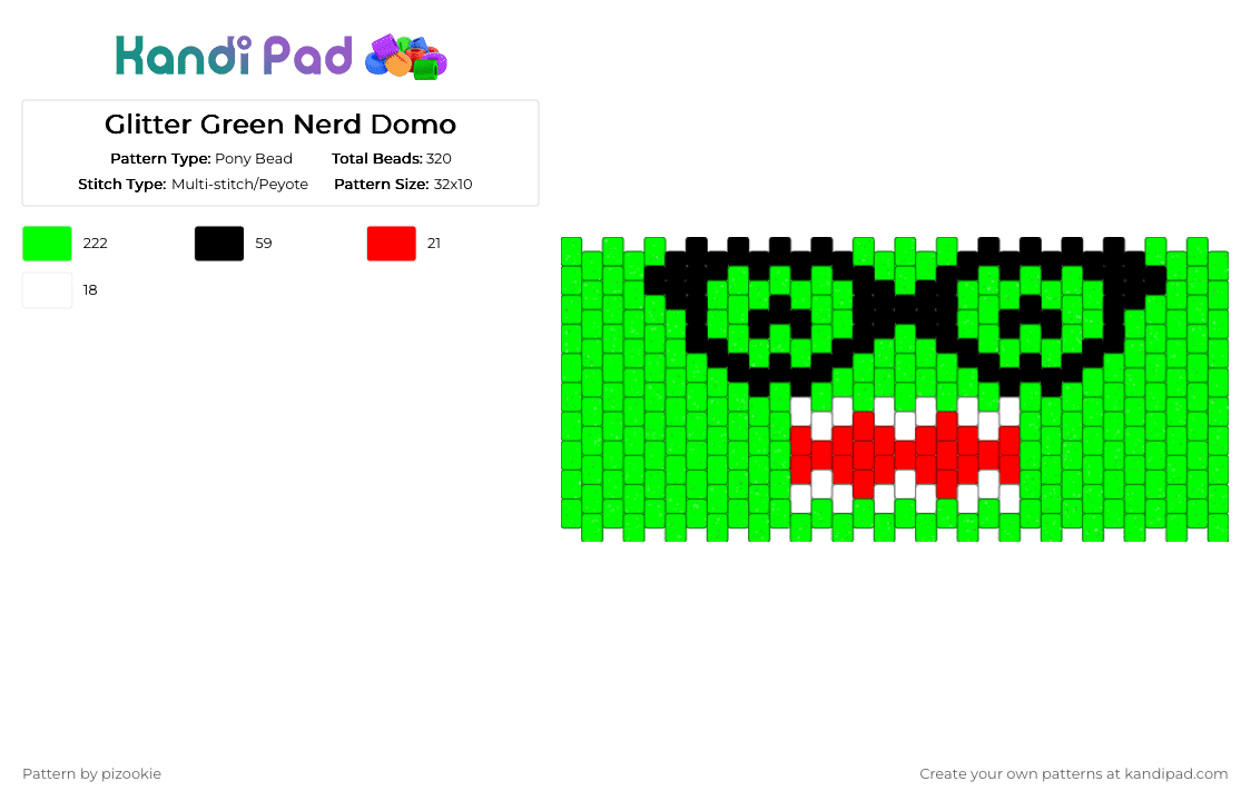 Glitter Green Nerd Domo - Pony Bead Pattern by pizookie on Kandi Pad - green,domo,nerd,glitter,scene,scenecore,scene kid,emo