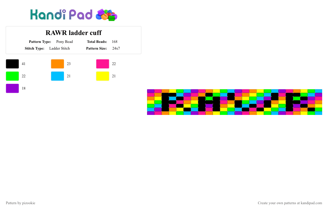 RAWR ladder cuff - Pony Bead Pattern by pizookie on Kandi Pad - orange,green,colorful,scene,scenecore,scene kid,emo,rainbow,black,2000s,myspace