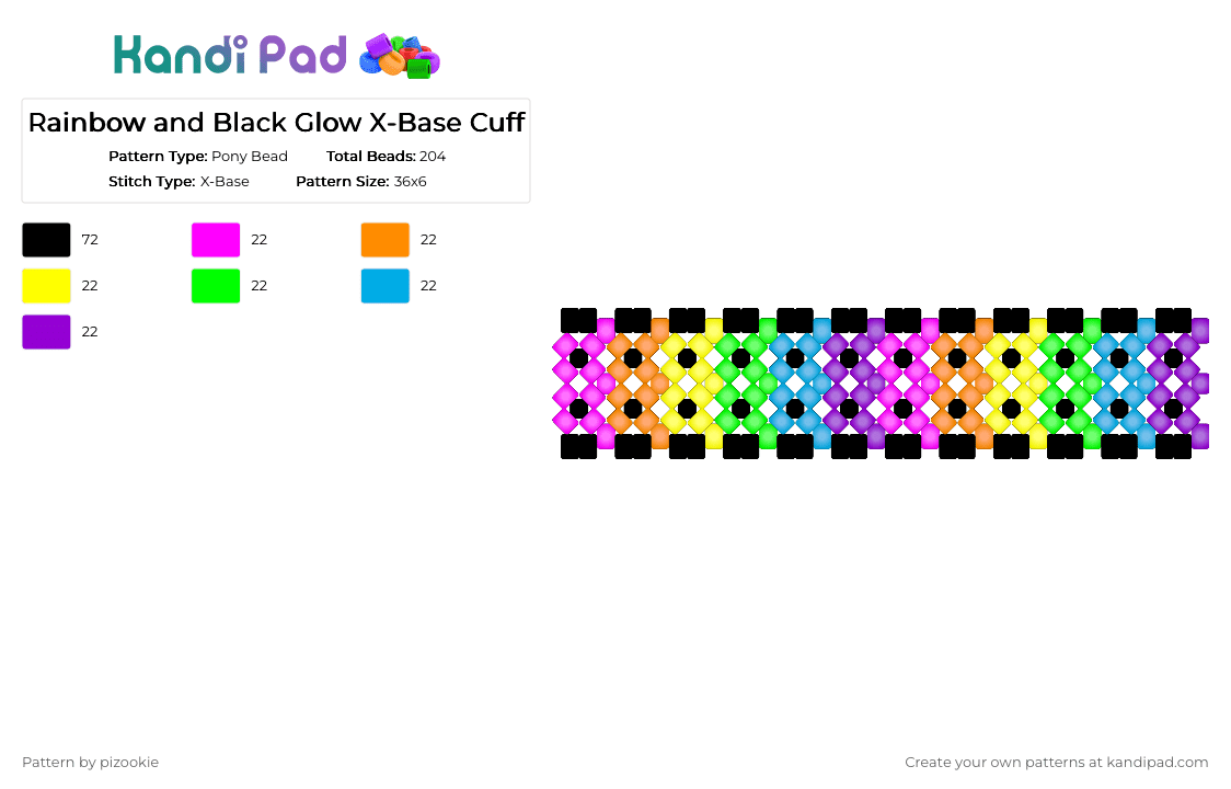 Rainbow and Black Glow X-Base Cuff - Pony Bead Pattern by pizookie on Kandi Pad - black, colorful, emo, glow in the dark, green, neon, orange, purple, rainbow, scene, scene kid, scenecore