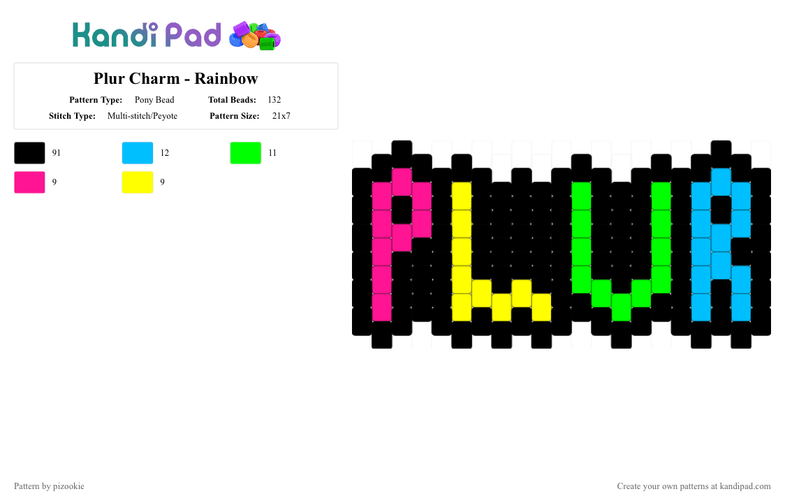 Plur Charm - Rainbow - Pony Bead Pattern by pizookie on Kandi Pad - black,green,light blue,rainbow,plur,peyote,scene,scenecore,emo,scene kid