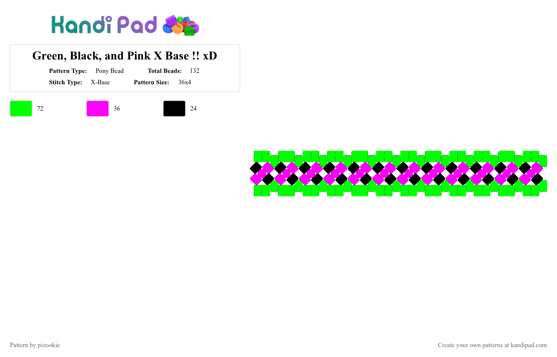 Green, Black, and Pink X Base !! xD - Pony Bead Pattern by pizookie on Kandi Pad - green,pink,scene,scenecore,emo,scene kid,black,x base