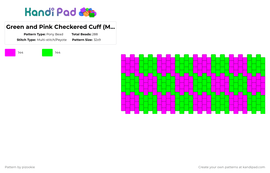 Green and Pink Checkered Cuff (Multistitch) - Pony Bead Pattern by pizookie on Kandi Pad - pink,green,multistitch,checkered,scene,emo,scene kid,scenecore