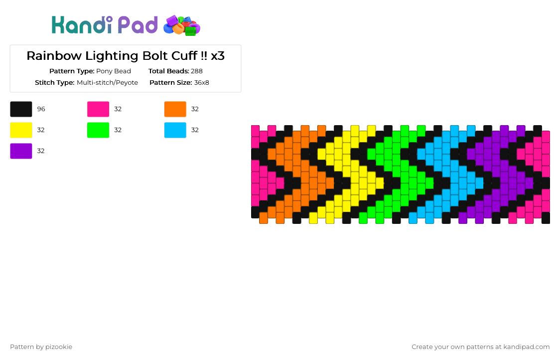 Rainbow Lighting Bolt Cuff !! x3 - Pony Bead Pattern by pizookie on Kandi Pad - orange,green,purple,colorful,cotdlightning,scene,scenecore,scene kid,emo,neon,rainbow