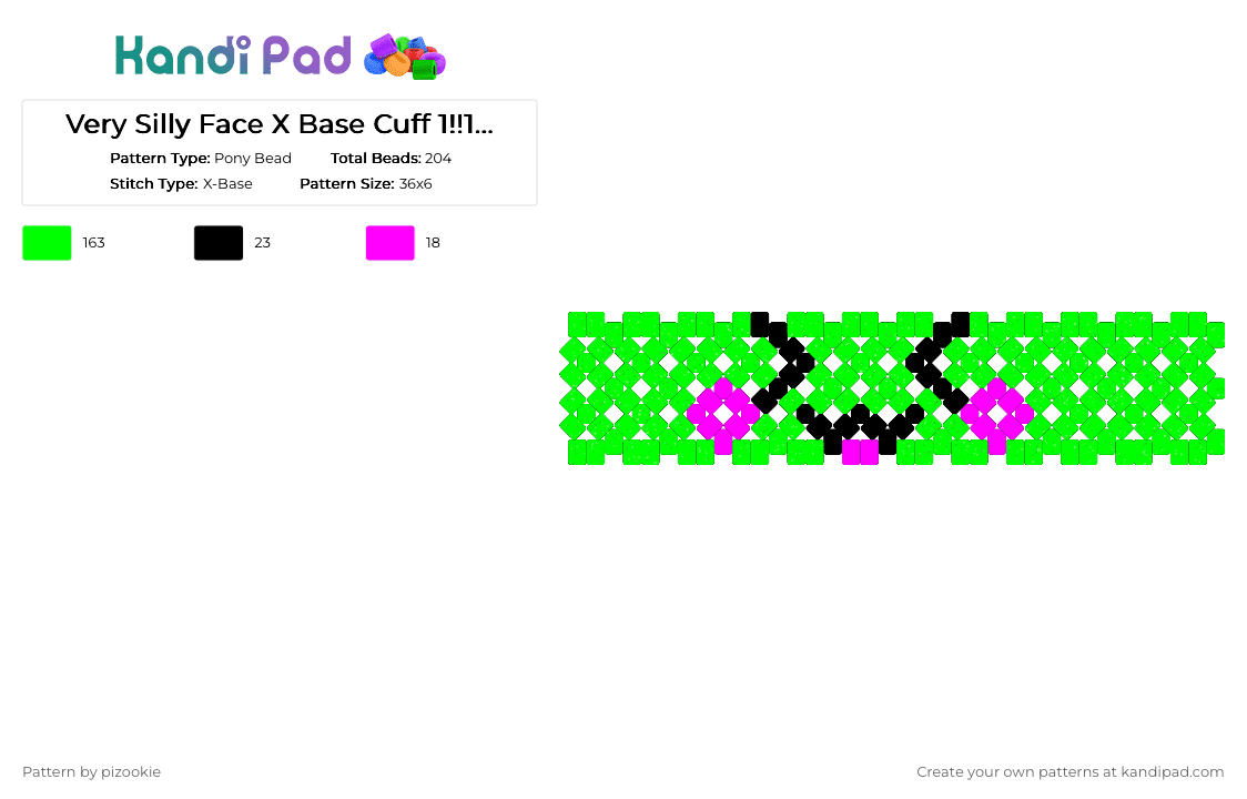 Very Silly Face X Base Cuff 1!!1!1!1!!! (Glitter Green) - Pony Bead Pattern by pizookie on Kandi Pad - green,silly,scene,scenecore,emo,glitter,scene kid,cute
