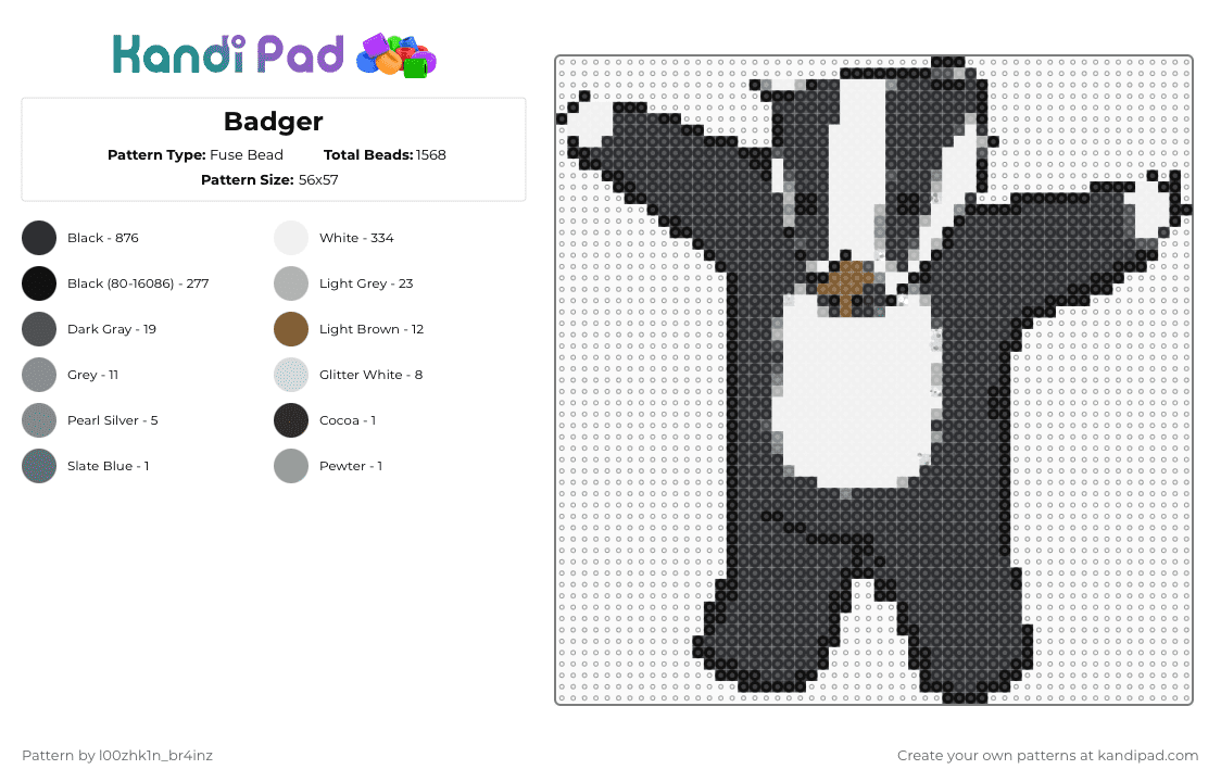Badger - Fuse Bead Pattern by pizookie on Kandi Pad - black,white,gray,beige,weebl,badger,mr weebl,old internet,2000s,memes,meme