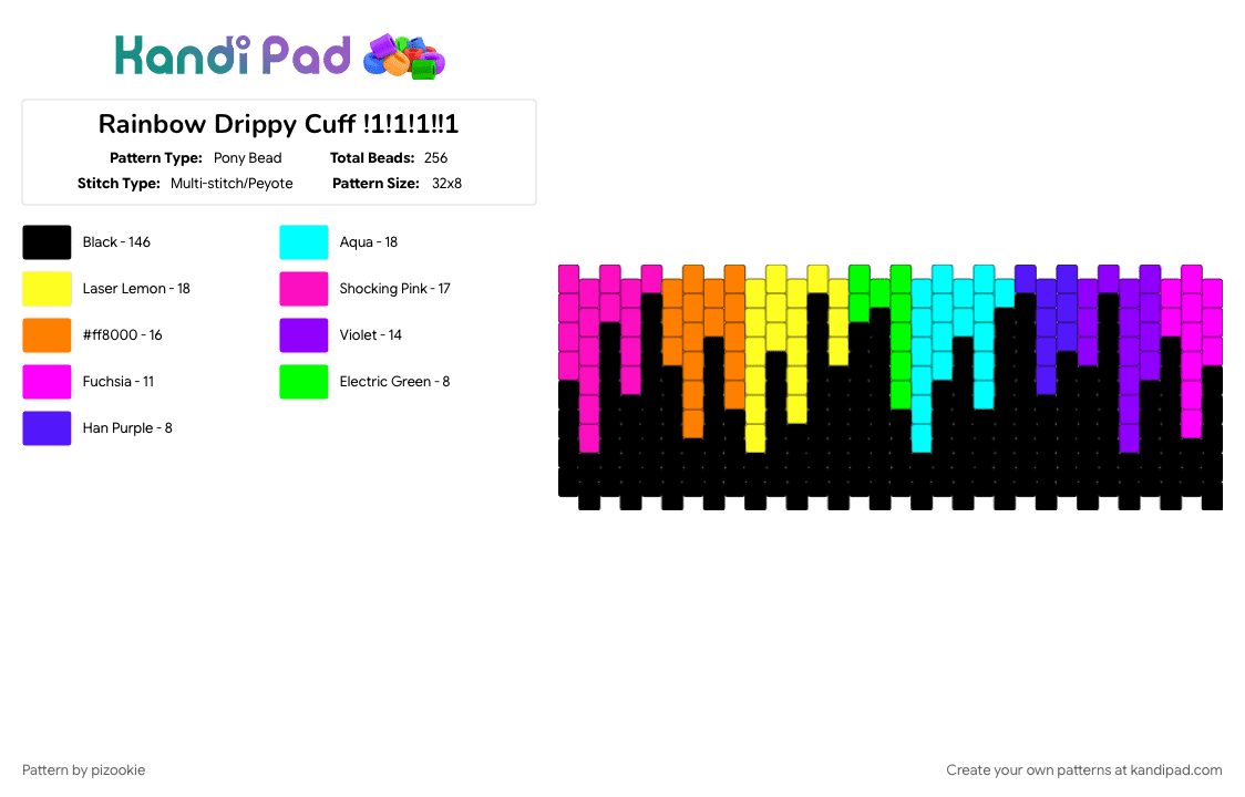 Rainbow Drippy Cuff !1!1!1!!1 - Pony Bead Pattern by pizookie on Kandi Pad - black, colorful, cotdslimy, emo, pink, rainbow, scene, scene kid, scenecore, trippy, yellow