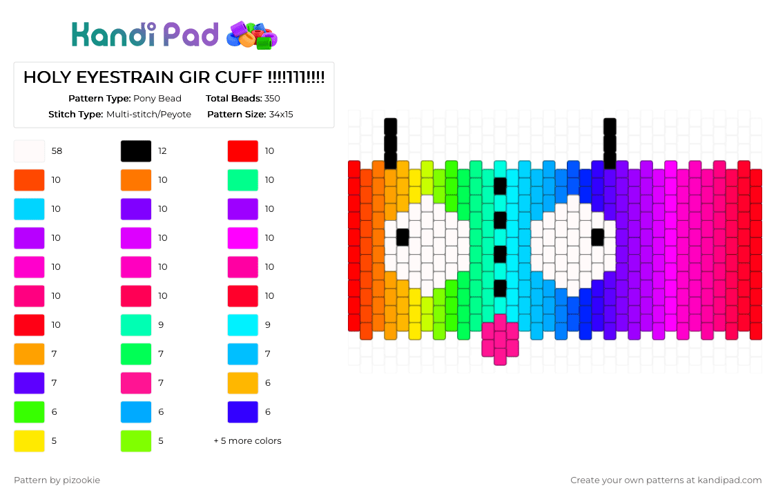 HOLY EYESTRAIN GIR CUFF !!!!111!!!! - Pony Bead Pattern by pizookie on Kandi Pad - colorful, cotdgradient, emo, gir, invader zim, light blue, pink, red, scene, scene kid, scenecore