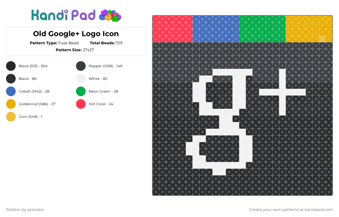 Old Google+ Logo Icon - Fuse Bead Pattern by pizookie on Kandi Pad - black,white,blue,orange,colorful,cotdicons,rainbow,icons,google,google plus,old,2011