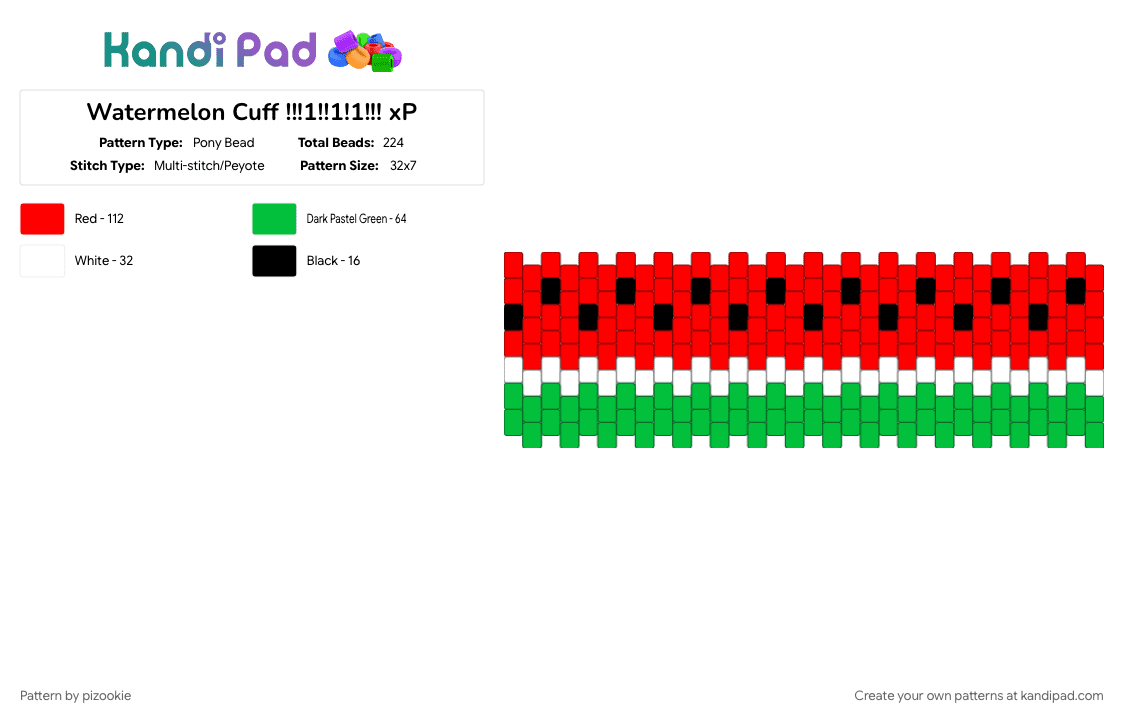 Watermelon Cuff !!!1!!1!1!!! xP - Pony Bead Pattern by pizookie on Kandi Pad - colorful, cotdfruit, food, fruit, fruits, green, melon, multistitch, red, watermelon