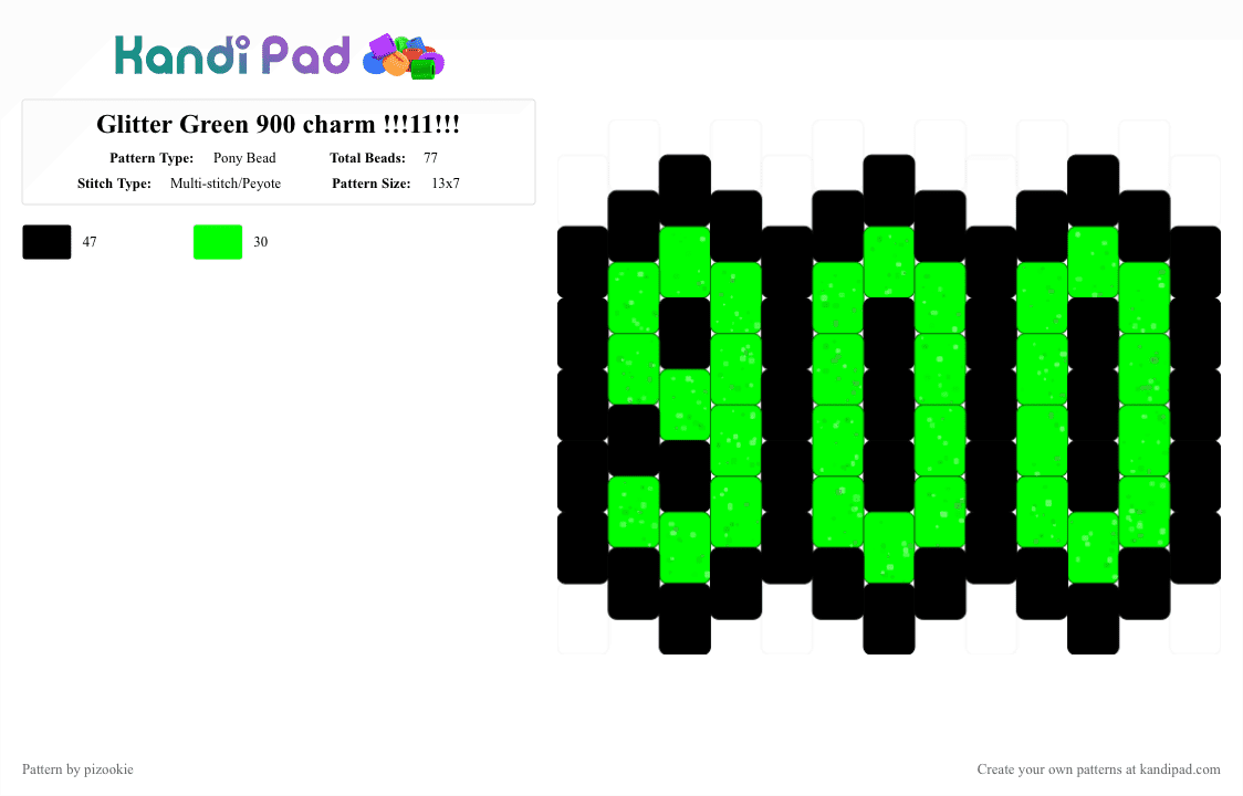Glitter Green 900 charm !!!11!!! - Pony Bead Pattern by pizookie on Kandi Pad - black, glitter, green, numbers, peyote stitch