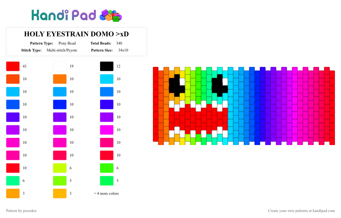 HOLY EYESTRAIN DOMO >xD - Pony Bead Pattern by pizookie on Kandi Pad - color spectrum, colorful, emo, light blue, neon, pink, purple, rainbow, red, scene, scene kid, scenecore