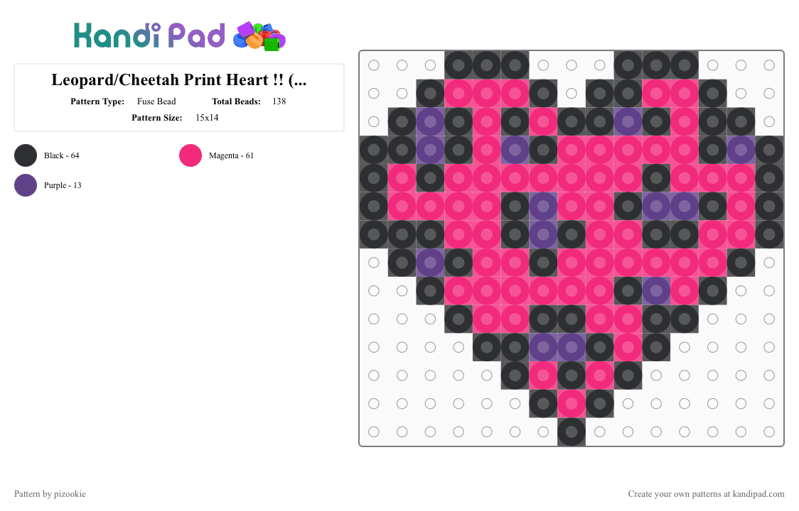 Leopard/Cheetah Print Heart !! (Pink and Purple) - Fuse Bead Pattern by pizookie on Kandi Pad - pink,purple,animal print,heart,scene,scenecore,emo,scene kid