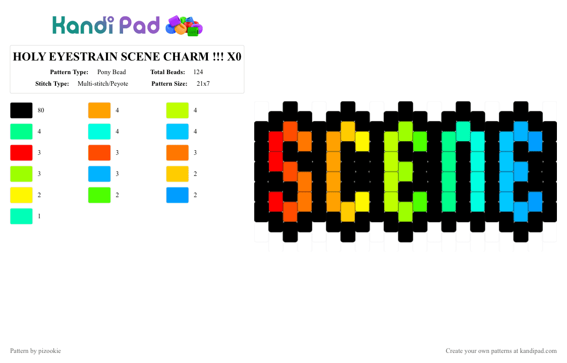 HOLY EYESTRAIN SCENE CHARM !!! X0 - Pony Bead Pattern by pizookie on Kandi Pad - black,orange,teal,colorful,scene,scenecore,scene kid,emo,rainbow,color spectrum,myspace