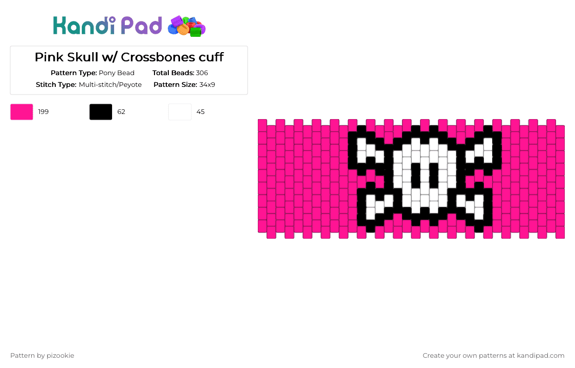 Pink Skull w/ Crossbones cuff - Pony Bead Pattern by pizookie on Kandi Pad - emo, multistitch, pink, scene, scene kid, scenecore, skull, white