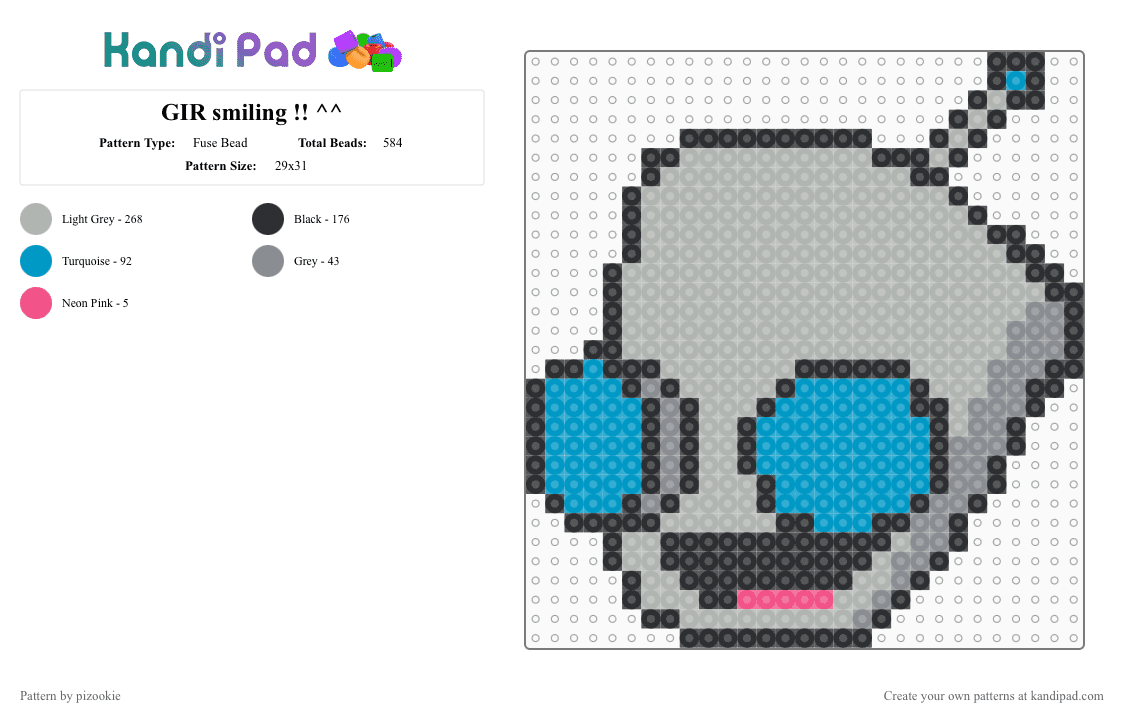 GIR smiling !! ^^ - Fuse Bead Pattern by pizookie on Kandi Pad - beige,cotdrobots,gir,invader zim,jhonen vasquez,scene,scenecore,scene kid,emo