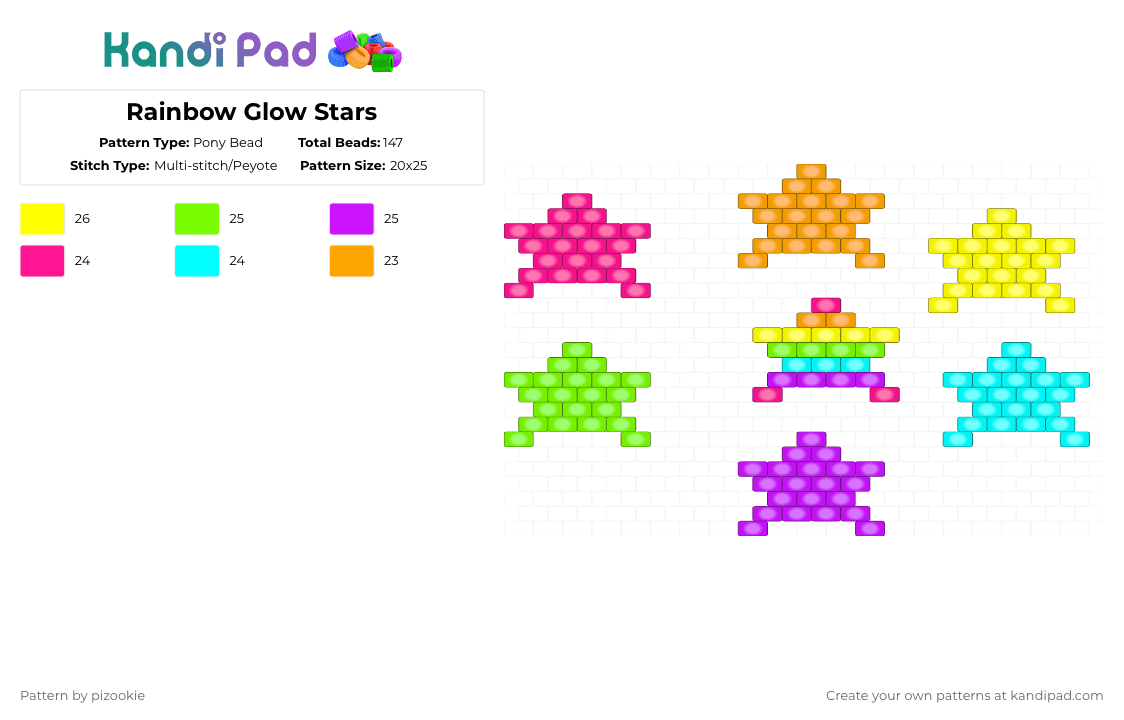 Rainbow Glow Stars - Pony Bead Pattern by pizookie on Kandi Pad - orange,green,purple,colorful,cotdstars,stars,star,rainbow,glow,glow in the dark,charms,peyote