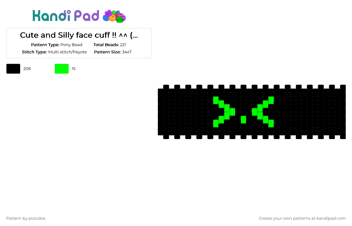 Cute and Silly face cuff !! ^^ (black and green) - Pony Bead Pattern by pizookie on Kandi Pad - black,scene,scenecore,scene kid,emo,silly,cute,kaomoji,face
