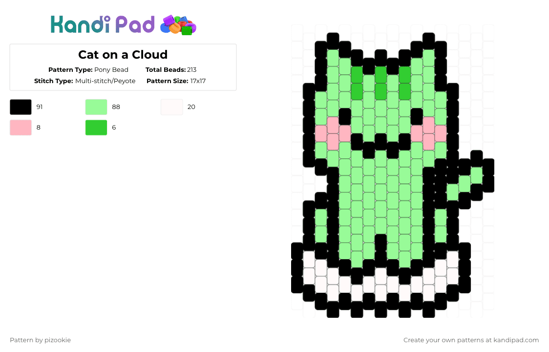 Cat on a Cloud - Pony Bead Pattern by pizookie on Kandi Pad - teal,green,cat,cloud,charm,kawaii,peyote,cat on a cloud,cute