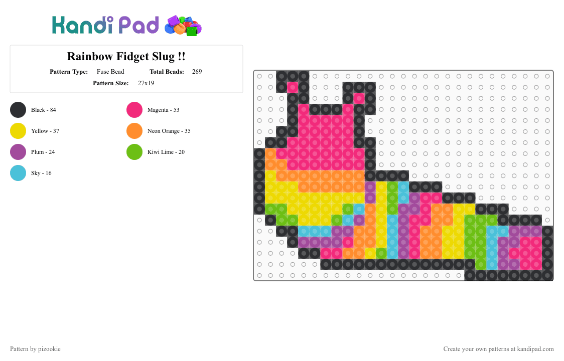 Rainbow Fidget Slug !! - Fuse Bead Pattern by pizookie on Kandi Pad - orange,yellow,pink,cotdinsects,slug,fidget toys,bugs,kidcore,toys,insects,rainbow