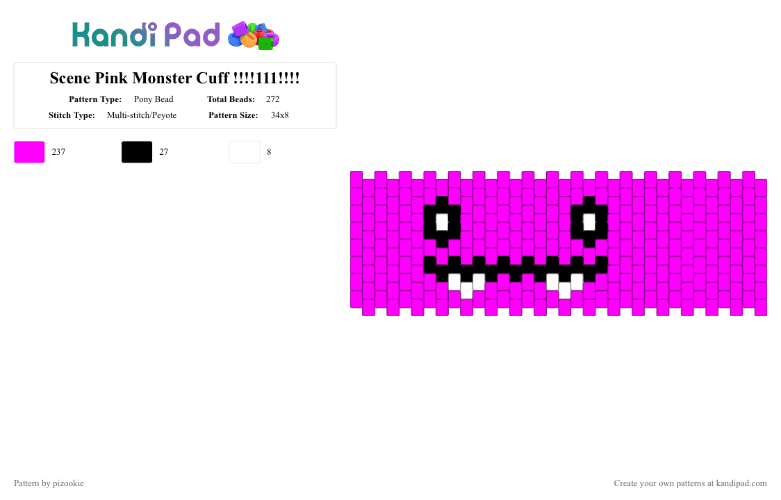 Scene Pink Monster Cuff !!!!111!!!! - Pony Bead Pattern by pizookie on Kandi Pad - pink,cotdmonsters,scene,scenecore,scene kid,emo,silly,monster,monsters
