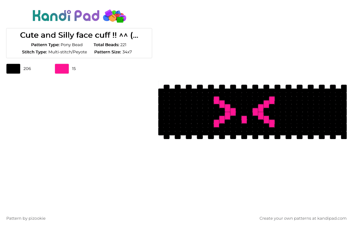 Cute and Silly face cuff !! ^^ (black and pink) - Pony Bead Pattern by pizookie on Kandi Pad - black,scene,scene kid,scenecore,emo,silly,kaomoji,face,cute