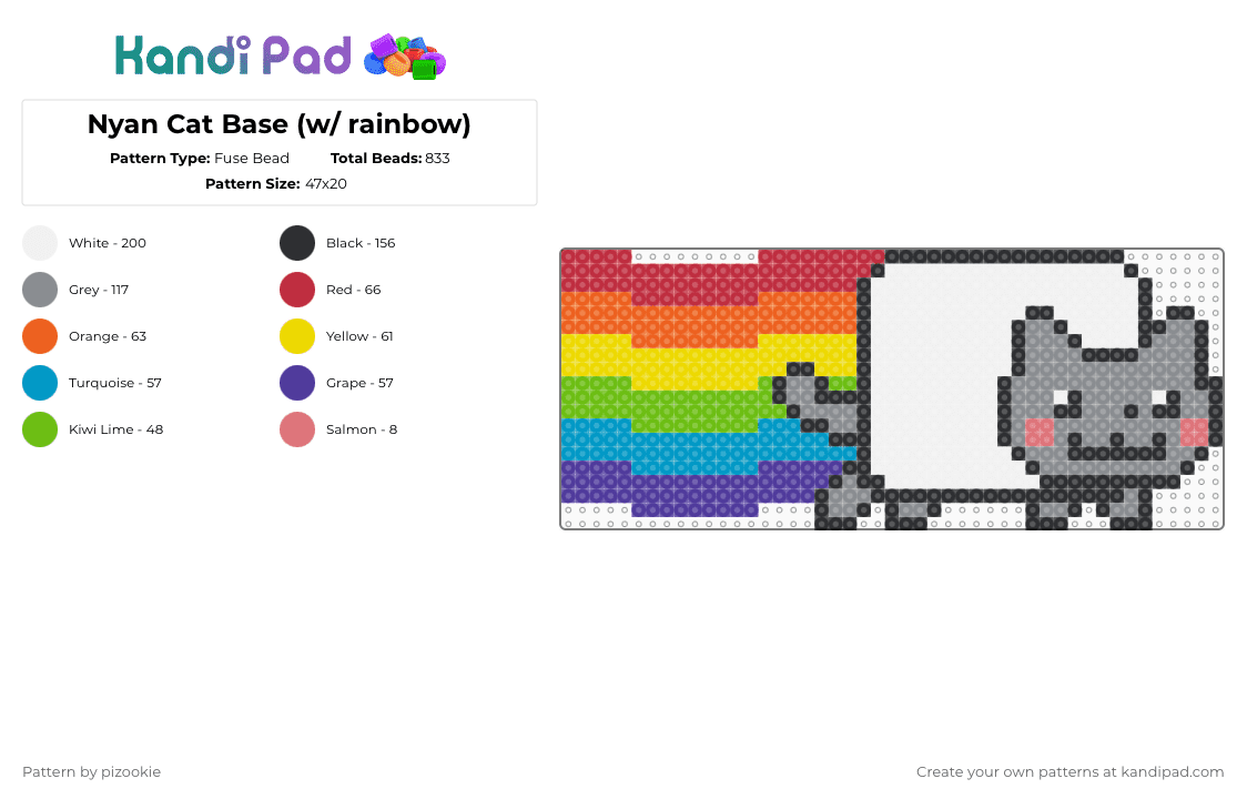Nyan Cat Base (w/ rainbow) - Fuse Bead Pattern by pizookie on Kandi Pad - gray,red,orange,rainbow,nyan cat,white,scene,scene kid,emo,meme,cat