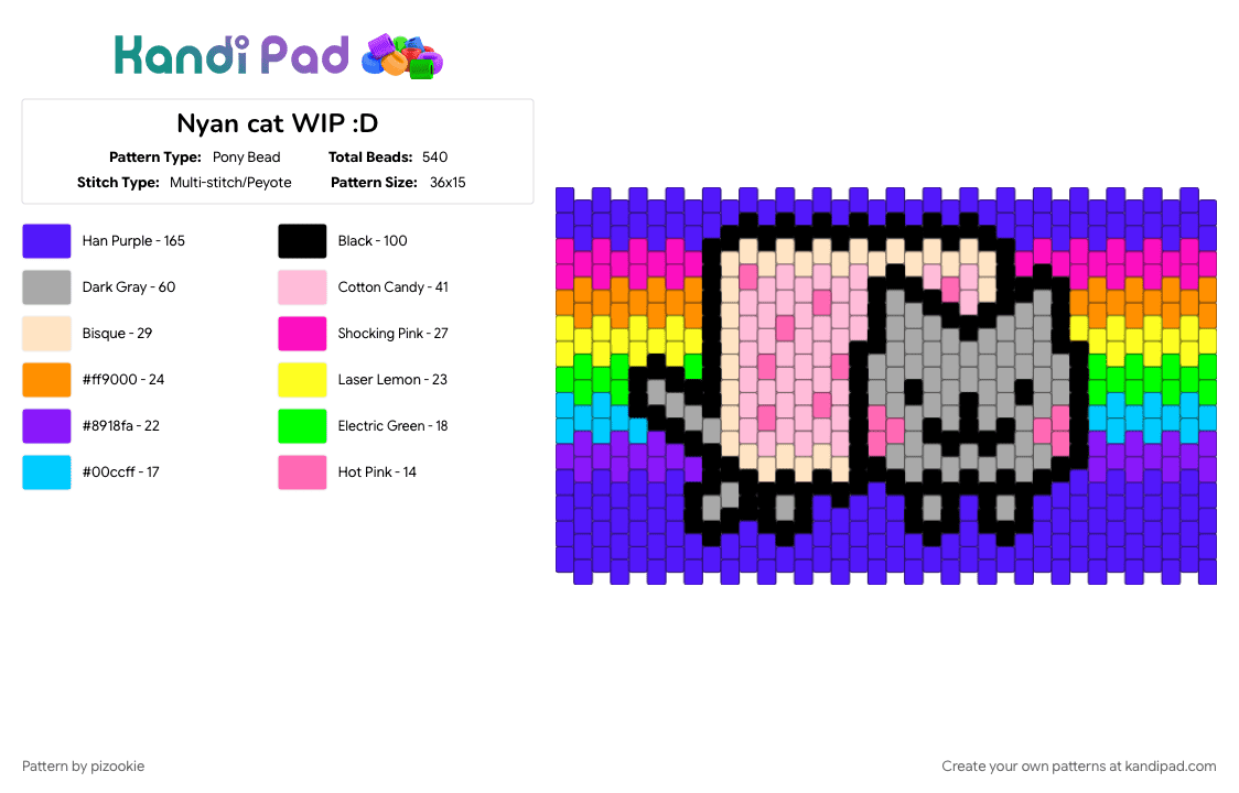 Nyan Cat Cuff !!!!111!!!! xD - Pony Bead Pattern by pizookie on Kandi Pad - beige, colorful, cotdcats, emo, meme, memes, pink, purple, scene, scene kid, scenecore
