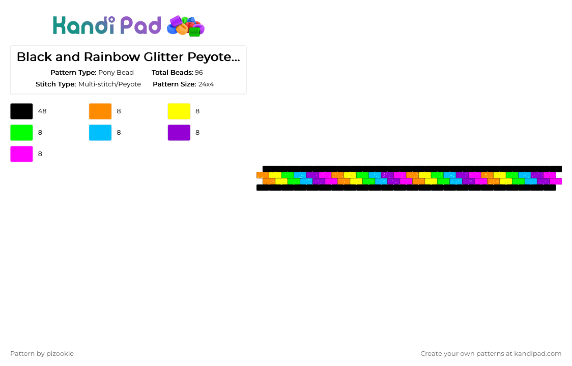 Black and Rainbow Glitter Peyote Cuff - Pony Bead Pattern by pizookie on Kandi Pad - black,yellow,light blue,pink,colorful,rainbow,glitter,peyote stitch,scene,scenecore,scene kid,emo