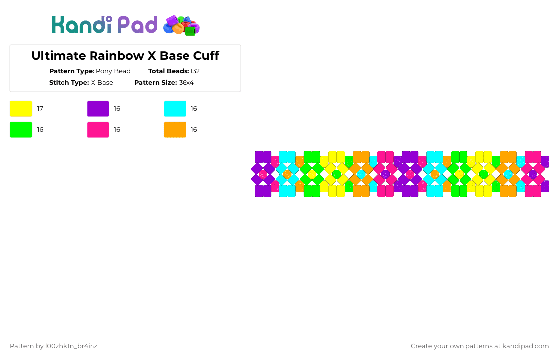 Ultimate Rainbow X Base Cuff - Pony Bead Pattern by pizookie on Kandi Pad - pink,orange,yellow,colorful,rainbow,x base,scene,scenemo,emo,scene kid,scenecore