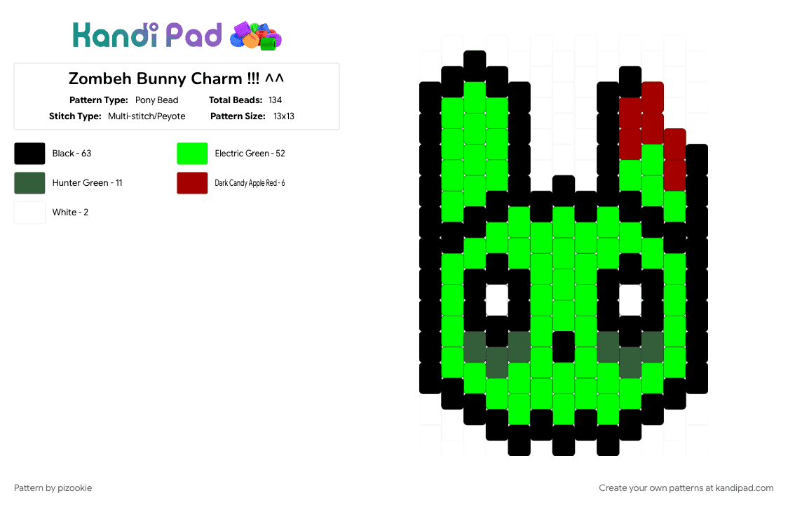 Zombeh Bunny Charm !!! ^^ - Pony Bead Pattern by pizookie on Kandi Pad - bunny, cotdzombies, emo, green, peyote stitch, scene, scene kid, scenecore, spooky