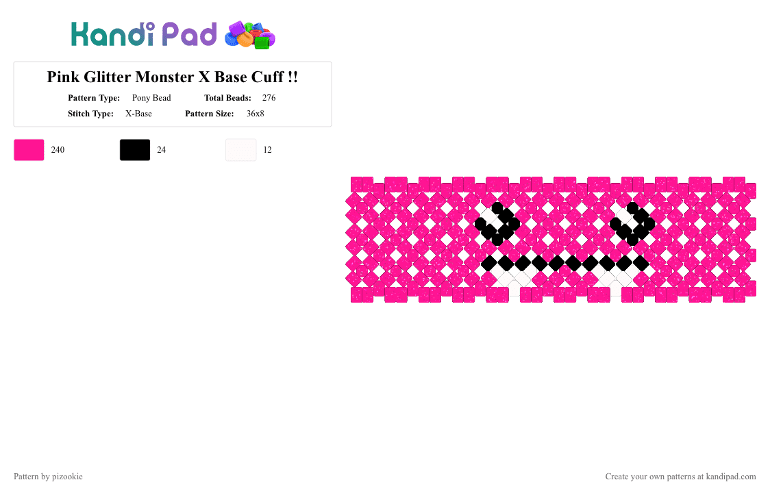 Pink Glitter Monster X Base Cuff !! - Pony Bead Pattern by pizookie on Kandi Pad - pink,monster,glitter,scene,emo,scenecore,scene kid,cute