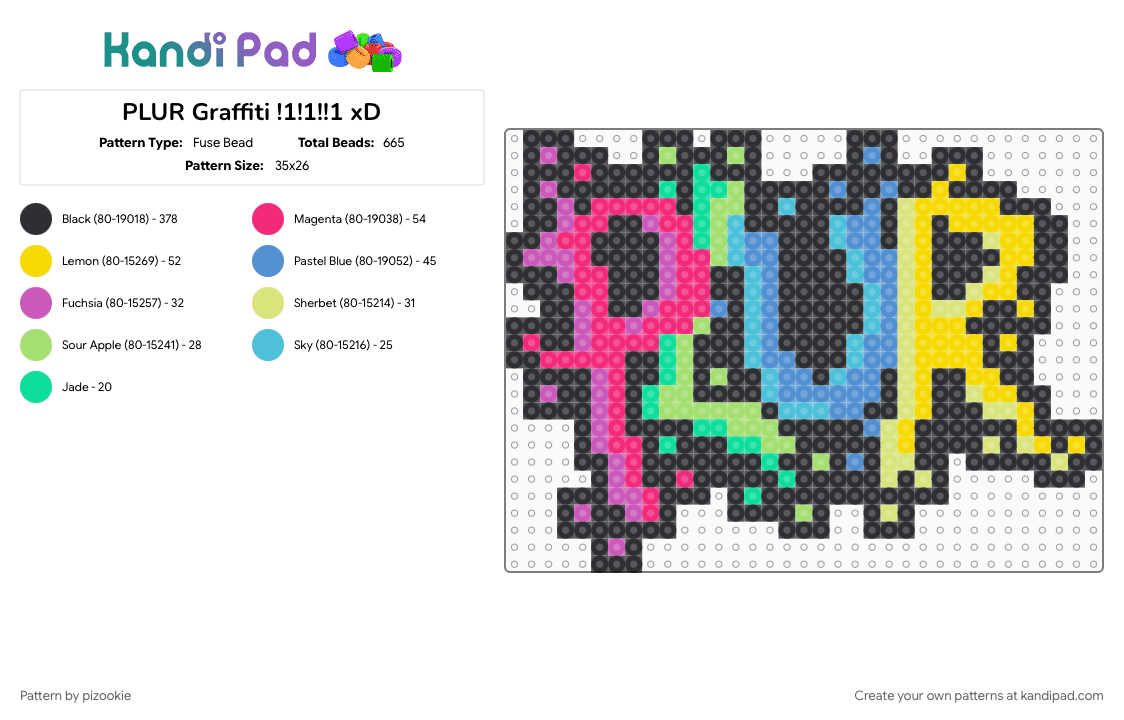 PLUR Graffiti !1!1!!1 xD - Fuse Bead Pattern by pizookie on Kandi Pad - black, colorful, cotdgraffiti, emo, light blue, neon, pink, rainbow, scene, scene kid, scenecore, yellow