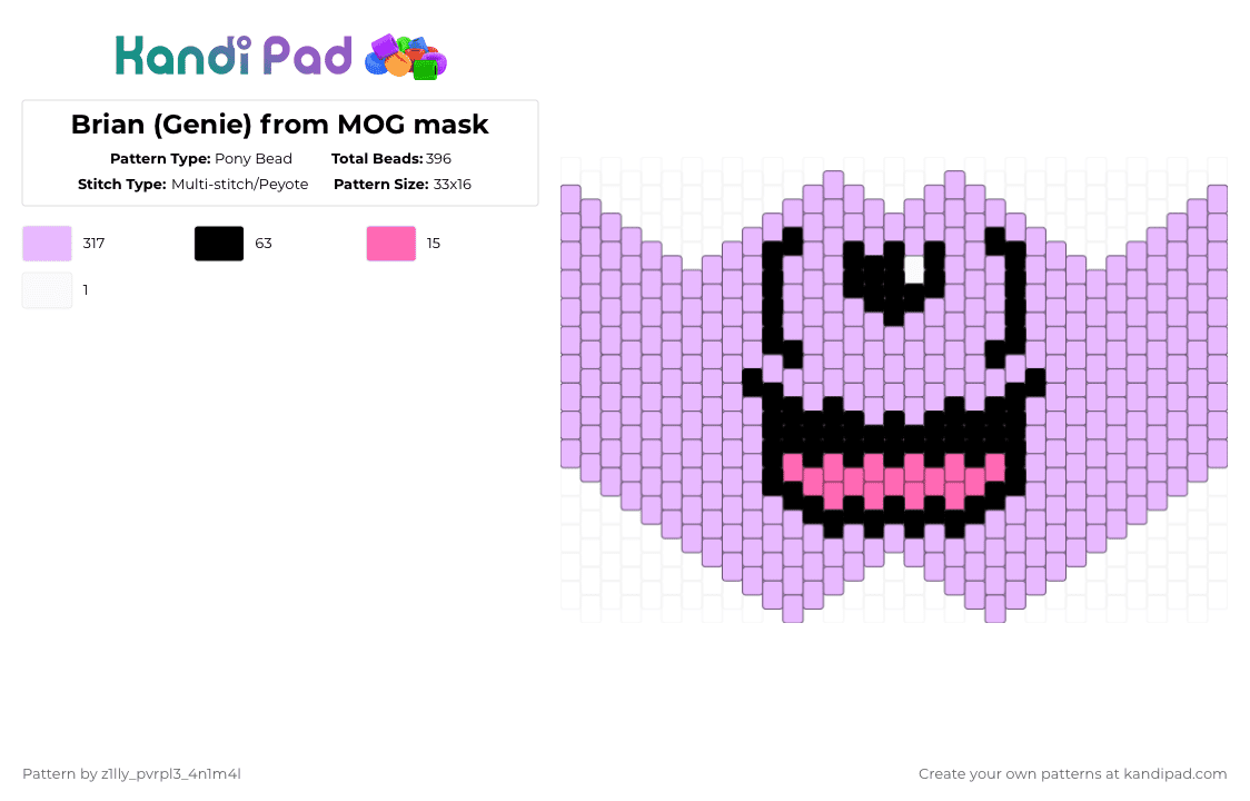 Brian (Genie) from MOG mask - Pony Bead Pattern by pizookie on Kandi Pad - pink,brian,mog,genie,my own genie,jamie smart,mask,purple