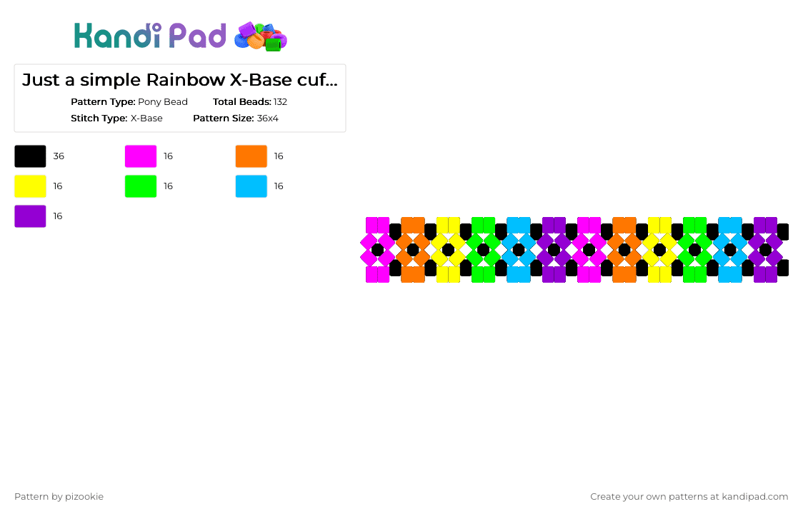 Just a simple Rainbow X-Base cuff !!!!111!!!! :3 - Pony Bead Pattern by pizookie on Kandi Pad - orange,green,purple,colorful,scene,scenecore,emo,scene kid,rainbow,neon,multicolor