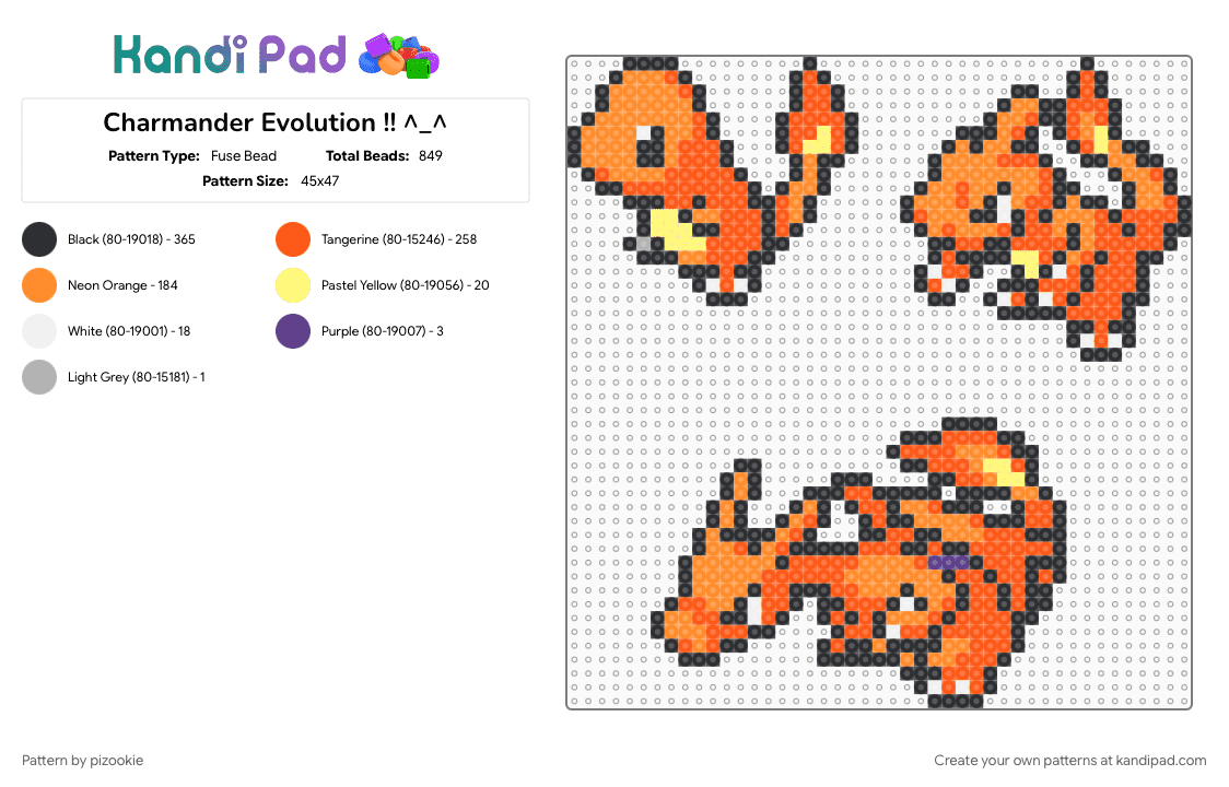 Charmander Evolution !! ^_^ - Fuse Bead Pattern by pizookie on Kandi Pad - orange