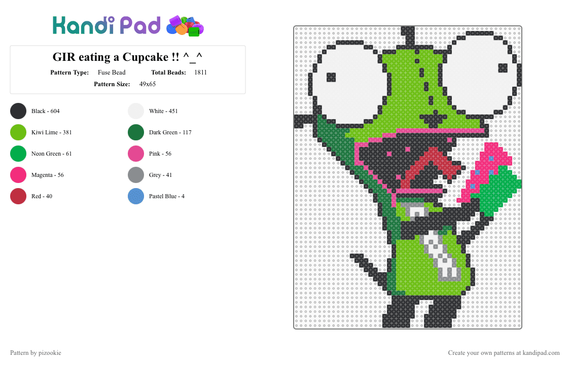 GIR eating a Cupcake !! ^_^ - Fuse Bead Pattern by pizookie on Kandi Pad - green,gir,invader zim,scene,scenecore,scene kid,emo,jhonen vasquez,cupcake