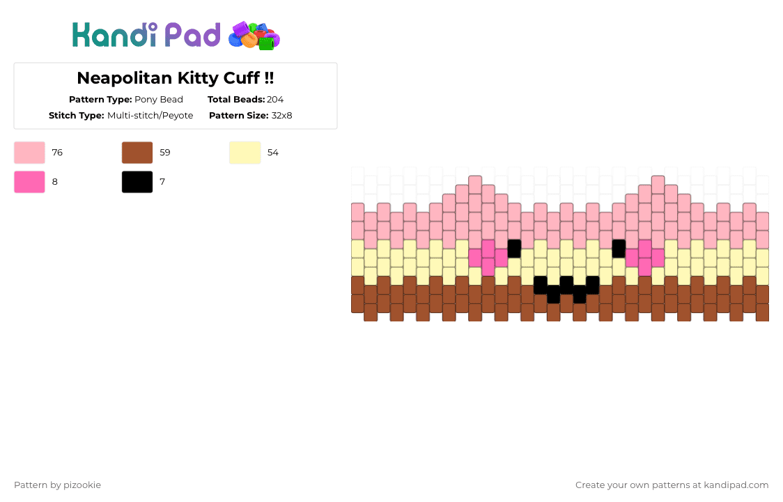 Neapolitan Kitty Cuff !! - Pony Bead Pattern by pizookie on Kandi Pad - pink,cotdicecream,neapolitan,ice cream,kitty,cat,cute,kawaii,multistitch