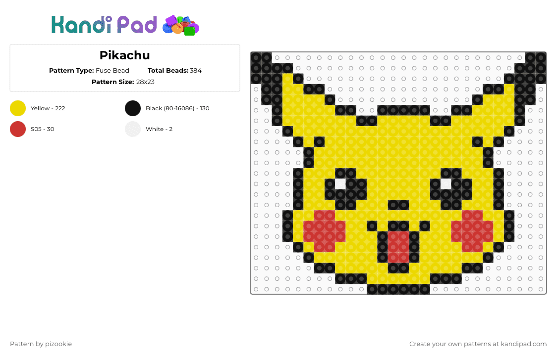 Pikachu - Fuse Bead Pattern by pizookie on Kandi Pad - yellow,pikachu,pokemon,nintendo,video game,kawaii,cute,video games