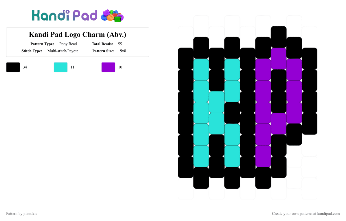 Kandi Pad Logo Charm (Abv.) - Pony Bead Pattern by pizookie on Kandi Pad - light blue,purple,cotdkandipad,kandipad,logo,peyote stitch,teal,kp,black