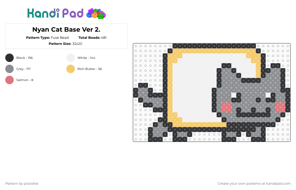 Nyan Cat Base Ver 2. - Fuse Bead Pattern by pizookie on Kandi Pad - gray,nyan cat,pop tart,scene,emo,scene kid,cat,meme,white
