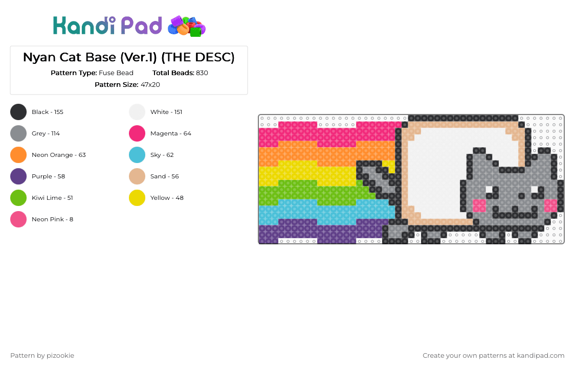 Nyan Cat Base (Ver.1) (THE DESC) - Fuse Bead Pattern by pizookie on Kandi Pad - colorful, emo, gray, memes, nyan cat, orange, pink, pop tart, rainbow, scene, scene kid, scenecore
