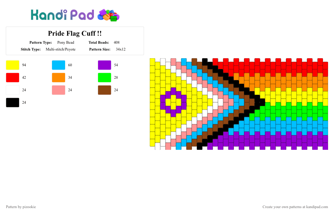 Pride Flag Cuff !! - Pony Bead Pattern by pizookie on Kandi Pad - yellow,purple,light blue,red,rainbow,pride,lgbt,lgbtq,flags,transgender,trans,gay