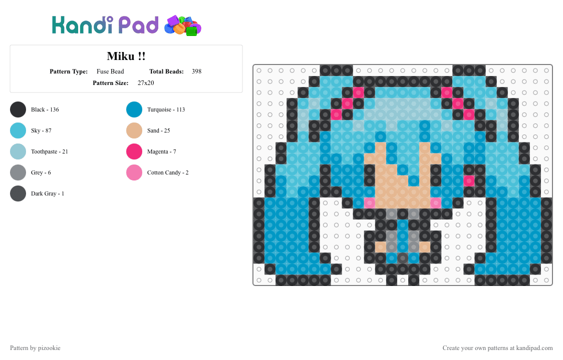 Miku !! - Fuse Bead Pattern by pizookie on Kandi Pad - light blue,miku,vocaloid,hatsune miku,anime,kawaii,cute,blue,music