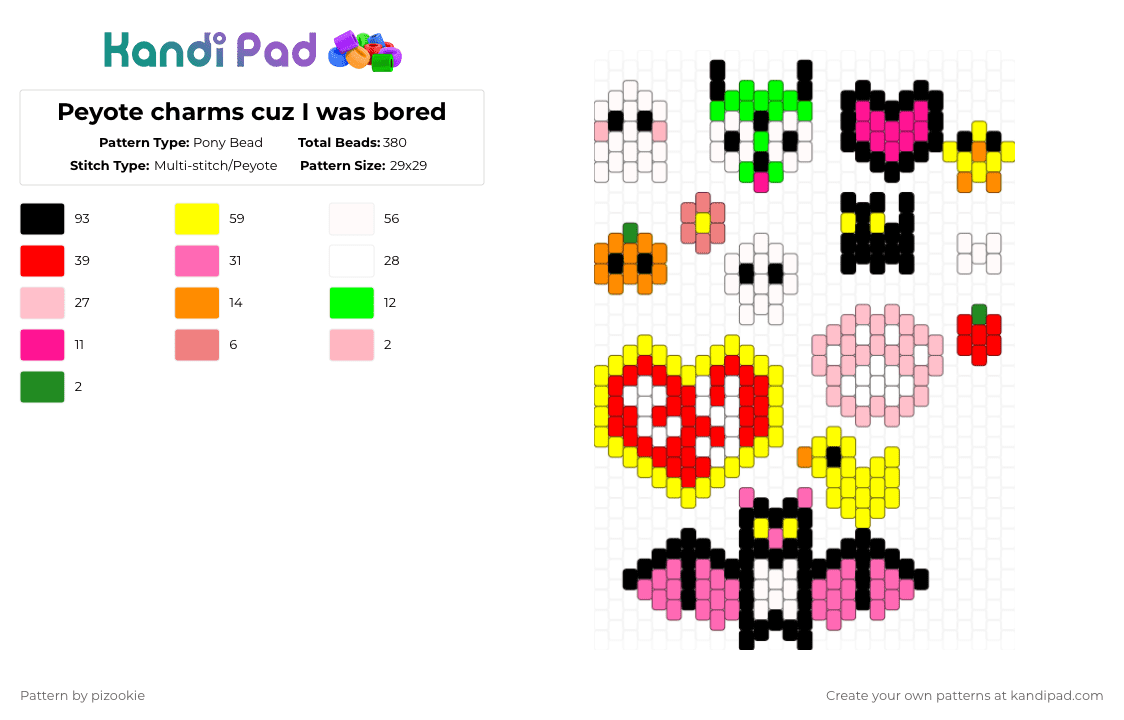 Peyote charms cuz I was bored - Pony Bead Pattern by pizookie on Kandi Pad - pink,yellow,red,peyote,rainbow,colorful,charms,cute,kawaii,easy,simple