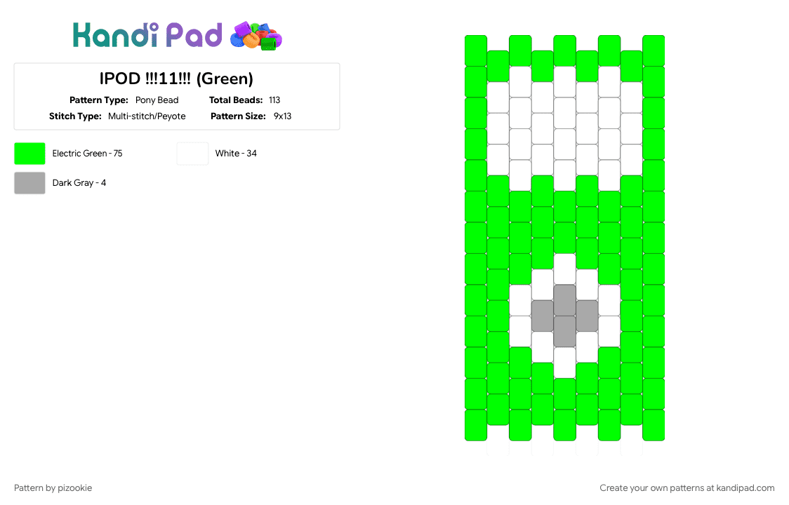 IPOD !!!11!!! (Green) - Pony Bead Pattern by pizookie on Kandi Pad - 2000s, cotdheadphones, emo, green, music, myspace, scene, scene kid, scenecore